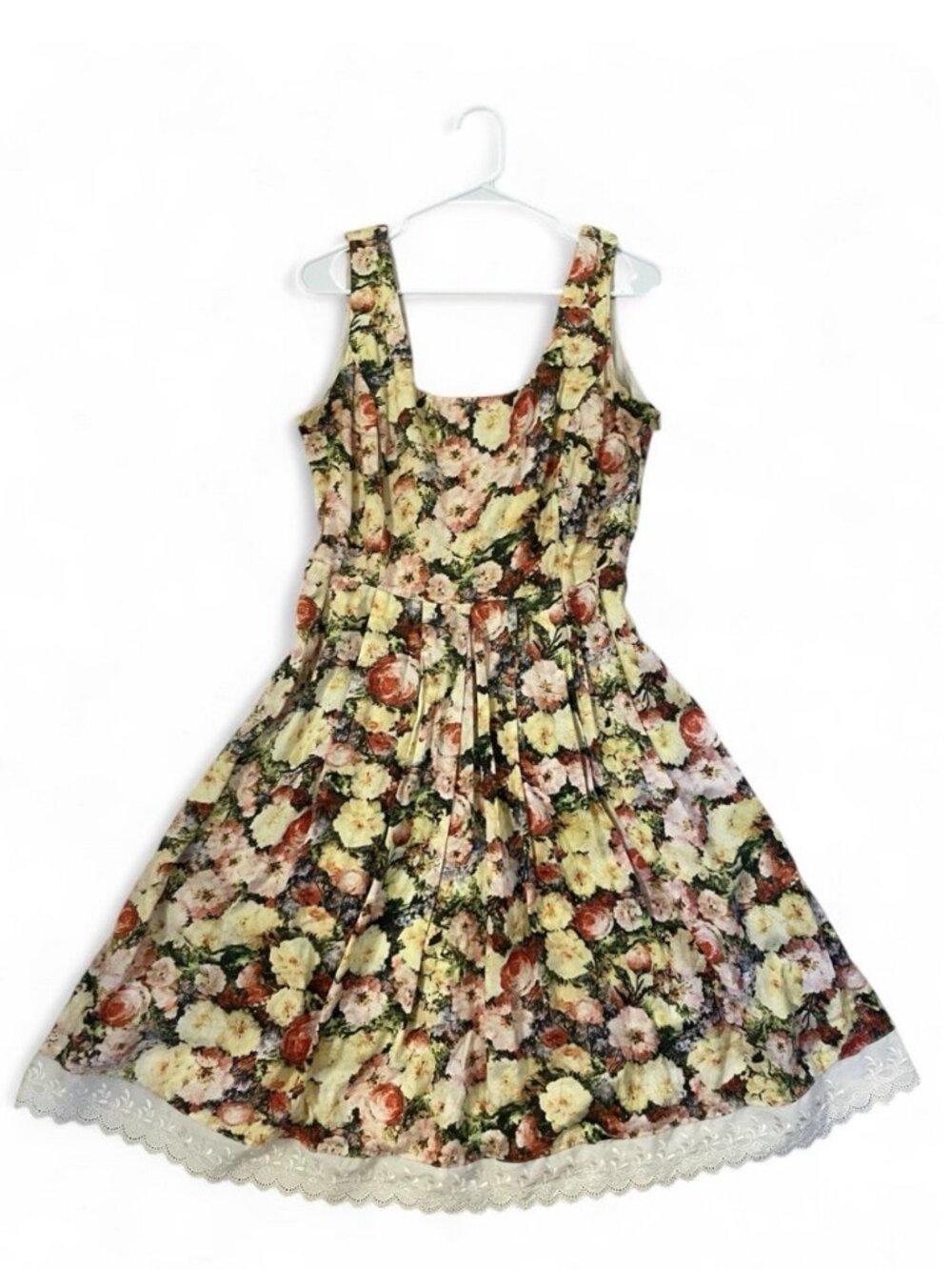 Cottagecore Midi Dress Empire Waist Floral Pleated Tea Length Cotton Summer, 14